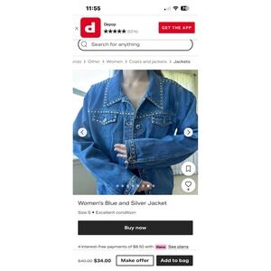 Just Blu Womens‎ Blue Denim Studded Jean Jacket Silver Studs Size Medium Vintage